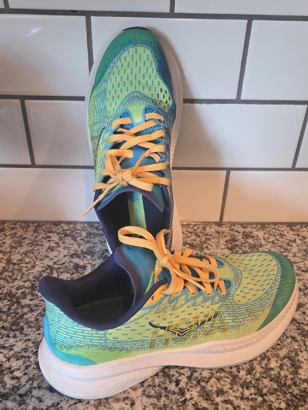 Hoka Neon Green & Aqua Blue Mach 6 Running Shoes with Yellow Laces Youth 3.5